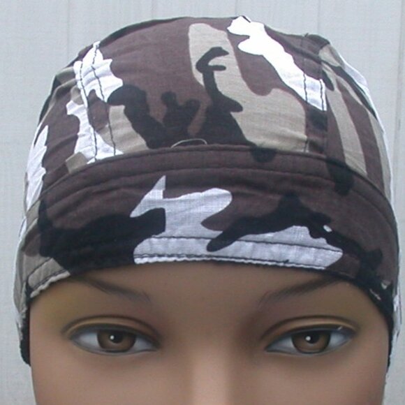 Biker Camo Du-Rag GREY BLACK BROWN Cotton Motorcycle Skull Cap - Picture 1 of 3